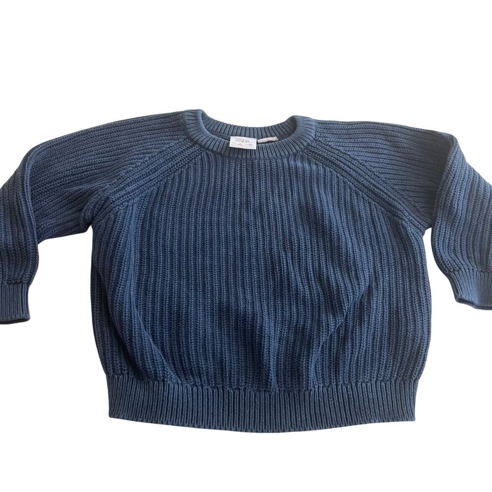 Zara Boys Navy Blue Ribbed Knit Crewneck Pullover Sweater Size 2 Preppy